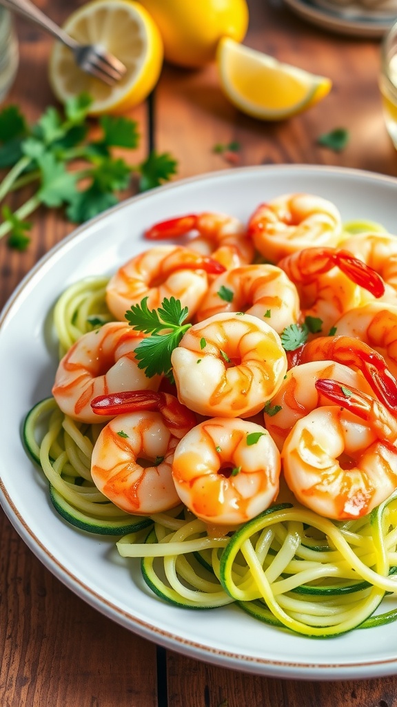 Garlic butter shrimp on zucchini noodles, garnished with parsley, on a rustic table.